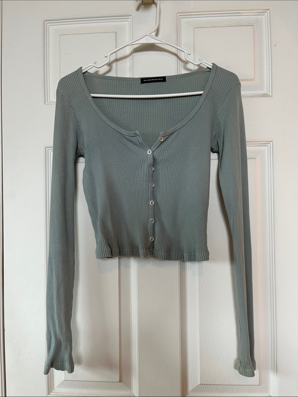 Randy Melville Ribbed Button-Front Long Sleeve Crop Top - Sage Green